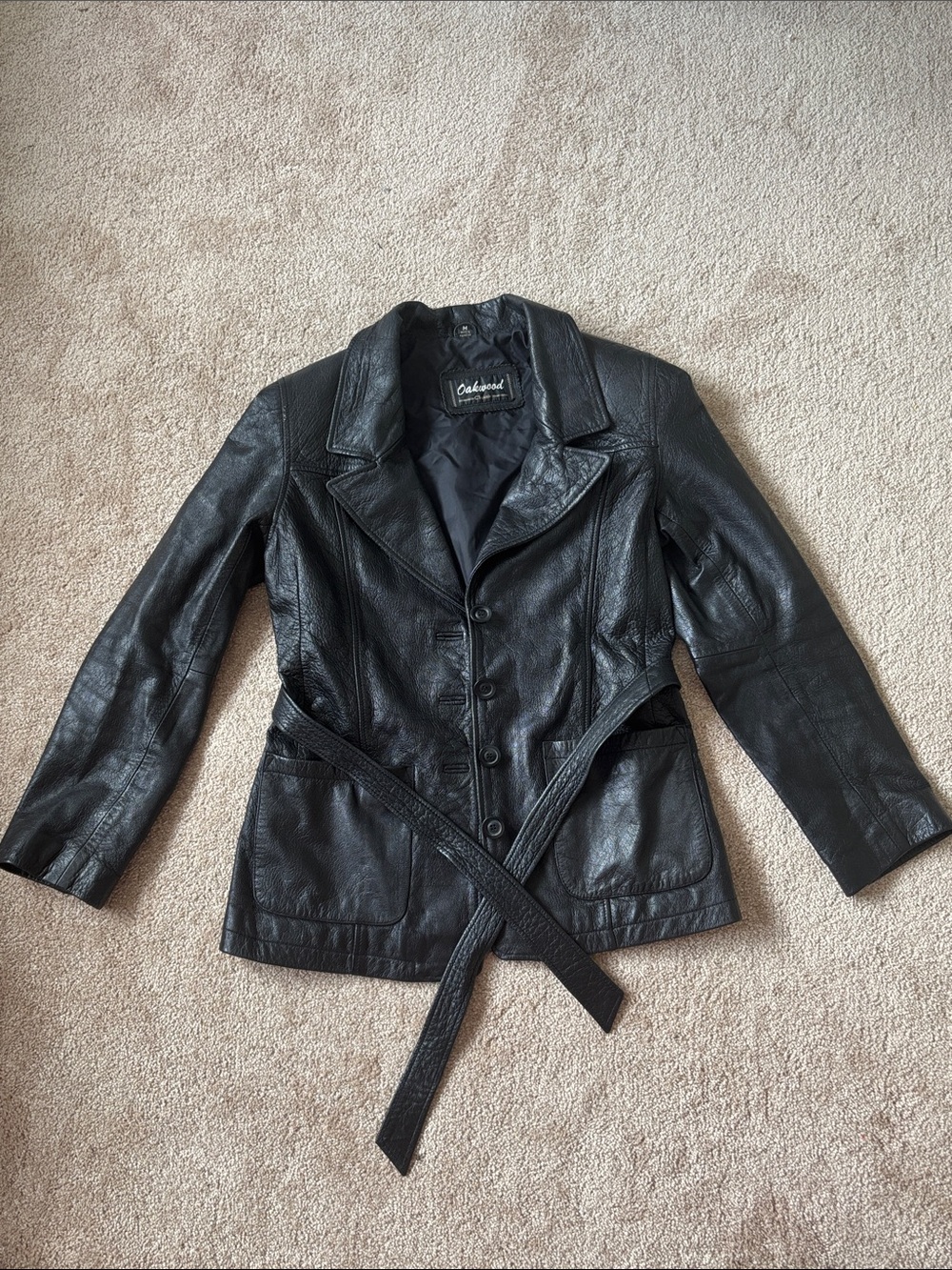 Black Leather Belted Jacket